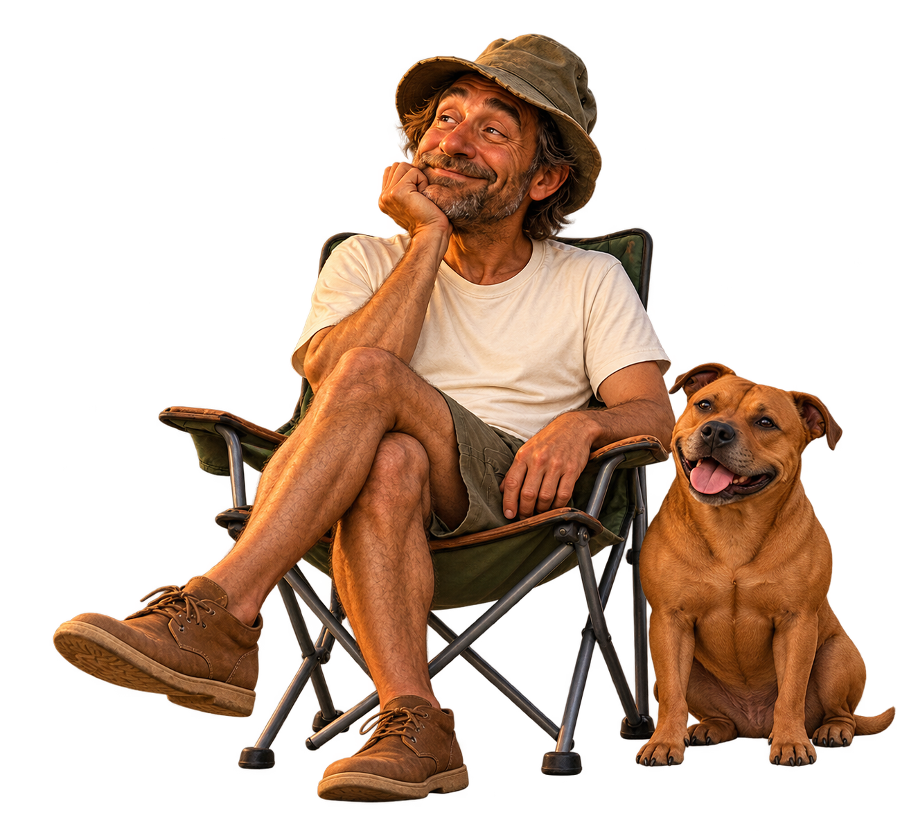 Buddy relaxing in a camping chair with Joe, his tan Staffie